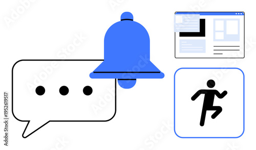 Notifications, messaging, digital alerts, online interaction, user interface, response action. A bell symbol with a speech bubble, a web interface and a running figure. Notifications and messaging
