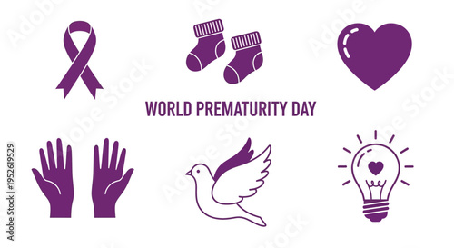 Purple icons celebrating World Prematurity Day ribbon socks heart hands dove lightbulb