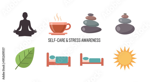 Selfcare and stress awareness icons yoga drink stones leaf beds sun