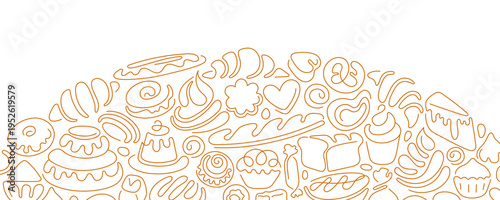 Bakery template. Line vector minimal stroke for design cafe, menu. Bread products, croissant, french baguette, cake, cinnamon bun. Breakfast, lunch, dessert, chocolate sweets. Editable stroke
