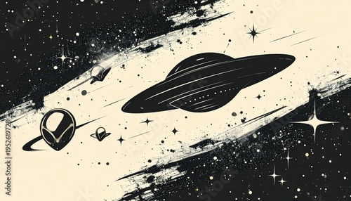 Black and white vintage illustration of a flying saucer and alien life forms in space