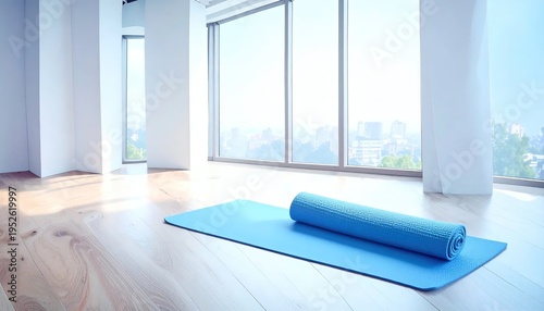 Blue yoga mat rolled out on wooden floor in sunny, modern, minimalist room with big windows