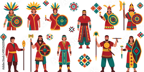 Ancient tribal warriors vector set with traditional costumes, shields, spears, axes and ethnic ornaments historical culture characters illustration