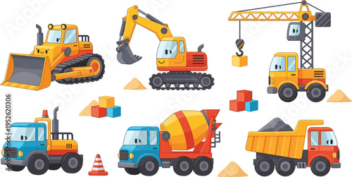 Construction vehicles and heavy equipment vector set with excavator, bulldozer, crane, dump truck and cement mixer cartoon illustration