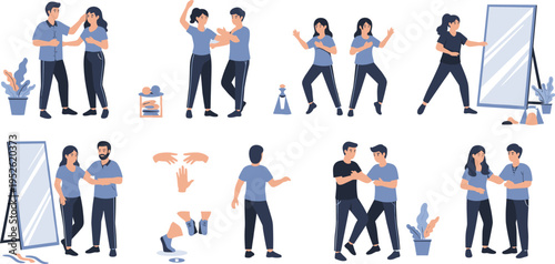 Couple relationship conflict and communication vector set with arguments, support, reconciliation and emotional interaction scenes cartoon illustration