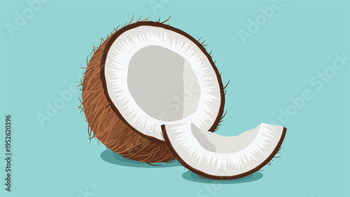 Fresh brown coconut split open with a piece next to it, showing the white meat inside against a solid blue background.