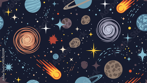 Vibrant seamless pattern of outer space featuring planets, galaxies, stars, comets, and asteroids on a dark blue background.