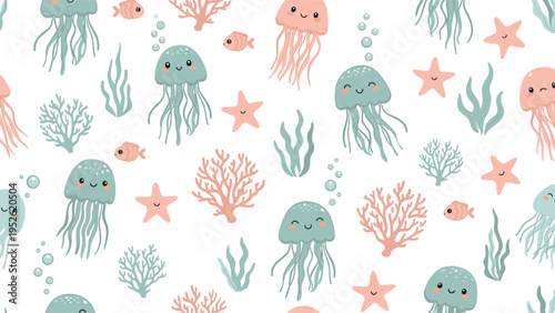 Cute underwater pattern displays various sea creatures including pastel jellyfish, smiling starfish, small fish, and colorful coral branches.