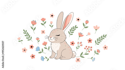 Lovely illustration shows a soft grey rabbit sitting peacefully surrounded by a delicate arrangement of pink and blue flowers and green leaves.