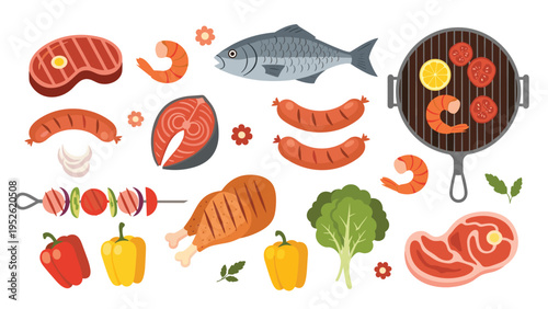 Wide selection of barbecue food items includes grilled steaks, salmon fillets, sausages, shrimp, and various vegetables like peppers and corn.