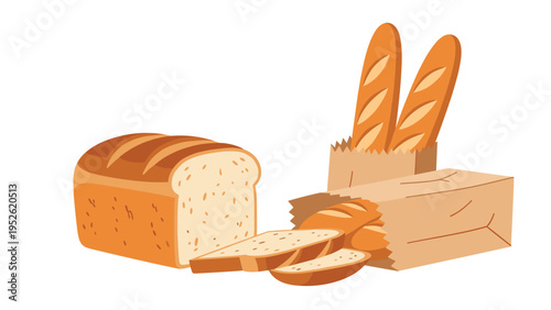 Delicious variety of freshly baked bread includes a sliced loaf and long crispy baguettes tucked into brown paper bags on a white background.