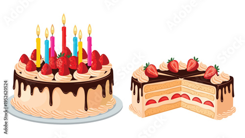 Decadent chocolate drip cake topped with numerous fresh strawberries and lit candles is shown alongside a cut slice revealing creamy layers.