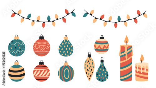 Festive collection of Christmas decorations includes colorful patterned baubles, glowing candles, and strings of multi colored fairy lights.