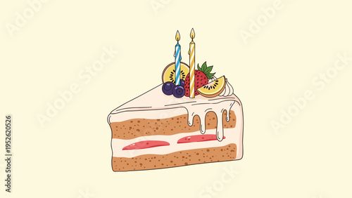 Tempting slice of layered cake is decorated with white frosting, fresh strawberries, kiwi slices, blueberries, and two lit birthday candles.