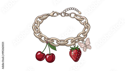 Beautiful charm bracelet made of gold links features delicate hanging pendants shaped like cherries, a strawberry, and a pink butterfly.