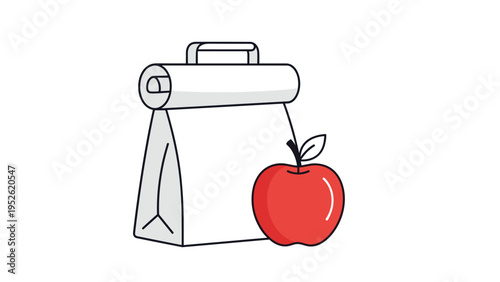 Simple line drawing illustrates a white paper lunch bag with a handle placed next to a bright red apple with a small green leaf on top.
