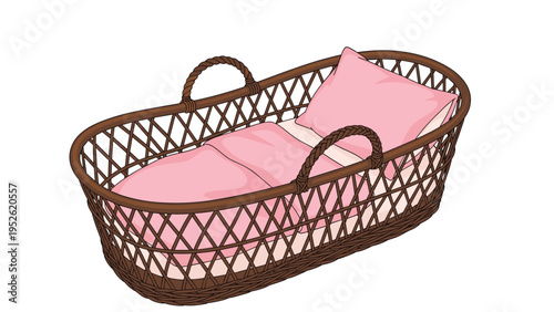 Handcrafted woven baby bassinet features soft pink bedding with a matching pillow and blanket, designed for a comfortable and stylish nursery.