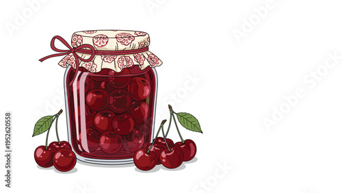 Glass jar filled with homemade cherry jam is shown next to several clusters of fresh ripe cherries with green leaves on a white background.