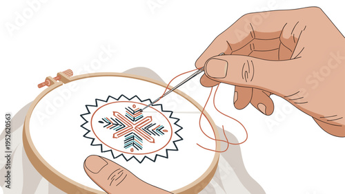 Close up view shows hands expertly working on an embroidery project using a needle and thread within a traditional wooden embroidery hoop.