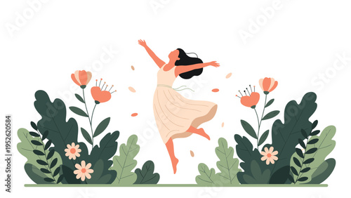 Joyful woman in a light dress jumps and dances with outstretched arms in a lush garden filled with green plants and stylized pink flowers.