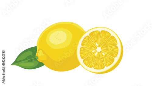 Bright yellow whole lemon and a juicy halved lemon are depicted with a fresh green leaf, showcasing citrus freshness on a white background.
