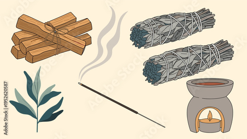 Collection of spiritual wellness items features bundles of dried sage, palo santo sticks, a burning incense stick, and a ceramic oil burner.