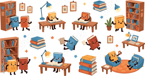 Cute book characters reading and studying vector set with library scenes, animated books, shelves and education cartoon illustration