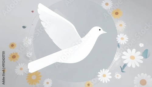Cartoon dove with outstretched wings over a floral wreath on a gray background