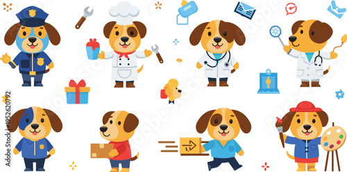 Cute dog professions vector set with police officer, doctor, scientist, artist, courier and worker puppy characters in cartoon style