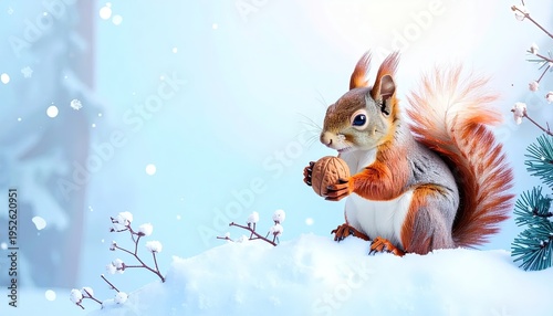 Cartoonish squirrel holding a walnut on snow with wintery background and soft lighting