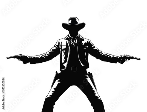 Western Cowboy Gunslinger Silhouette with Dual Pistols in Black and White