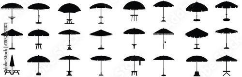 Umbrella and parasol silhouette illustration set, closed and open icons, beach and patio graphic, rain symbol, vector