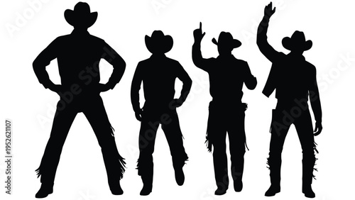 Cowboy silhouettes set featuring western man in hat and coat isolated on white background detailed black vector illustration collection