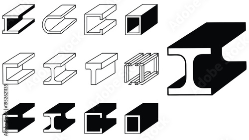 Steel Beam Profiles Set Including I-Beam, H-Beam and Structural Sections