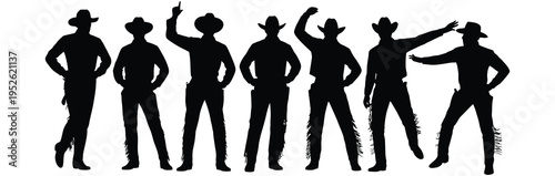 cowboy silhouettes set, western cowboy standing poses, wild west gunslinger characters, rodeo ranch cowboy collection vector illustration