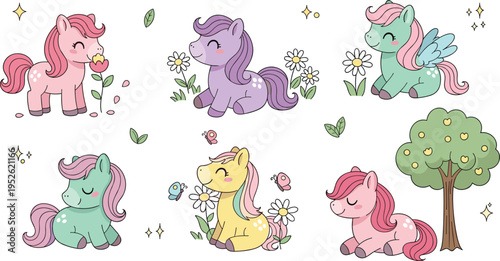 Cute pastel unicorn pony characters vector set with flowers, butterflies and magical fantasy animals in adorable cartoon illustration style