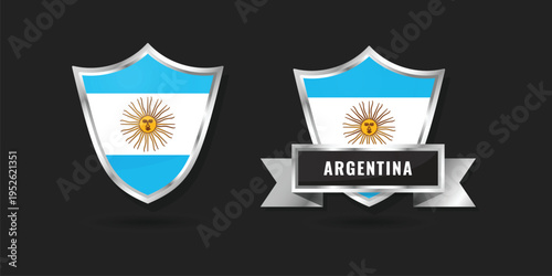 Professional glossy silver shield emblems with the flag of Argentina and Argentine Republic. Features the Sun of May on sky-blue and white bands. Ideal for patriotic and sports designs
