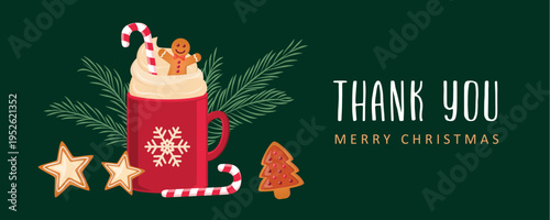 christmas winter cocoa drink cup set with gingerbread star and candy cane vector illustration