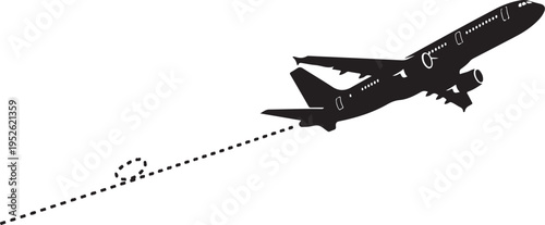 Black airplane vector icon with flight path isolated on Transparent Background