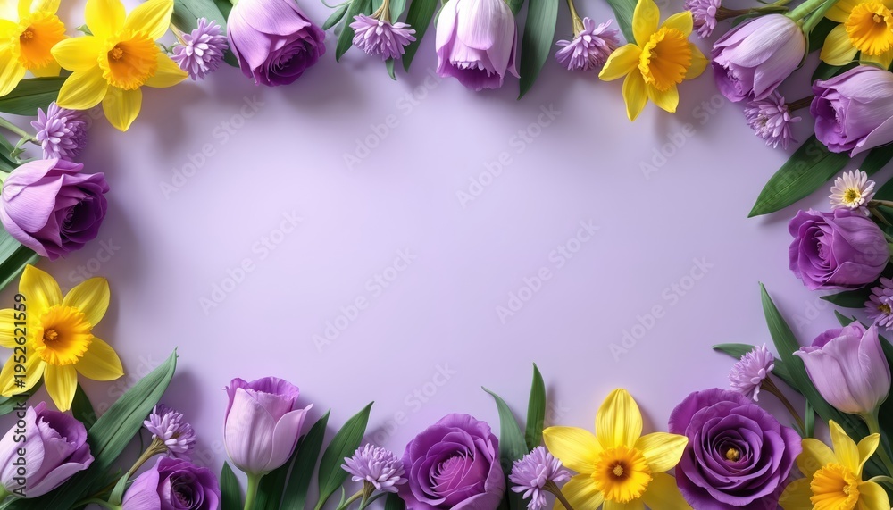 Naklejka premium Purple roses and yellow daffodils form a border on a light lavender background. This floral arrangement suggests spring and natural beauty. Its fresh look suits many designs.