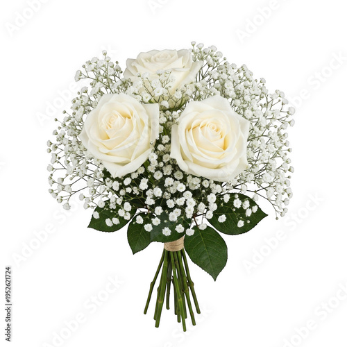 A bouquet of white roses and baby's breath flowers isolated on transparent background