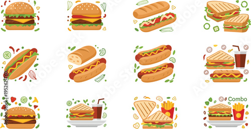 Fast food burgers, hot dogs and sandwiches vector set with fries, drinks and takeaway combos colorful cartoon illustration collection