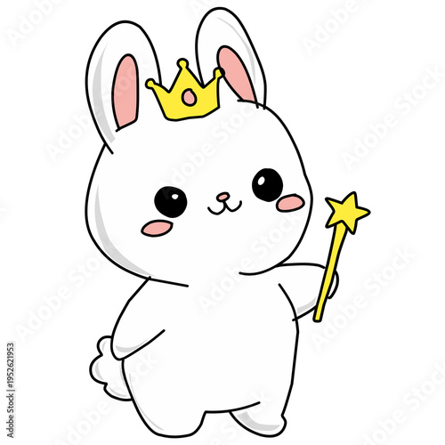Cute cartoon stickers in the shape of a rabbit with a magic wand and crown 