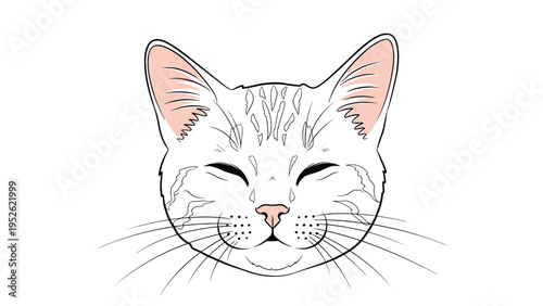 Gentle illustration of a white cat face with closed eyes, pink nose, and long delicate whiskers against a plain white backdrop.