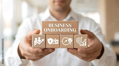 Businessman presenting business onboarding wooden blocks with team integration and strategy icons