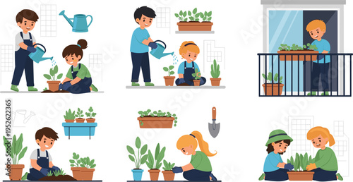 Kids gardening activities vector set with children watering plants, planting seedlings, balcony gardening and caring for houseplants cartoon illustration