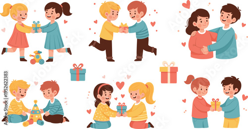 Kids giving gifts and sharing love vector set with children exchanging presents, friendship moments and happy cartoon illustration collection