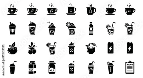 diverse collection of black beverage icons illustrating various hot and cold drinks milk and juices for cafe menus.