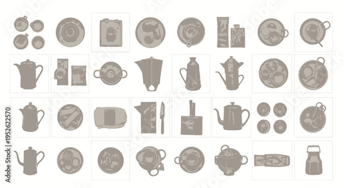 minimalist coffee and tea collection illustration with various kitchenware for beverage branding and cafe menu design.
