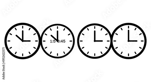four analog clocks displaying various times one with a digital display representing time management and scheduling concepts